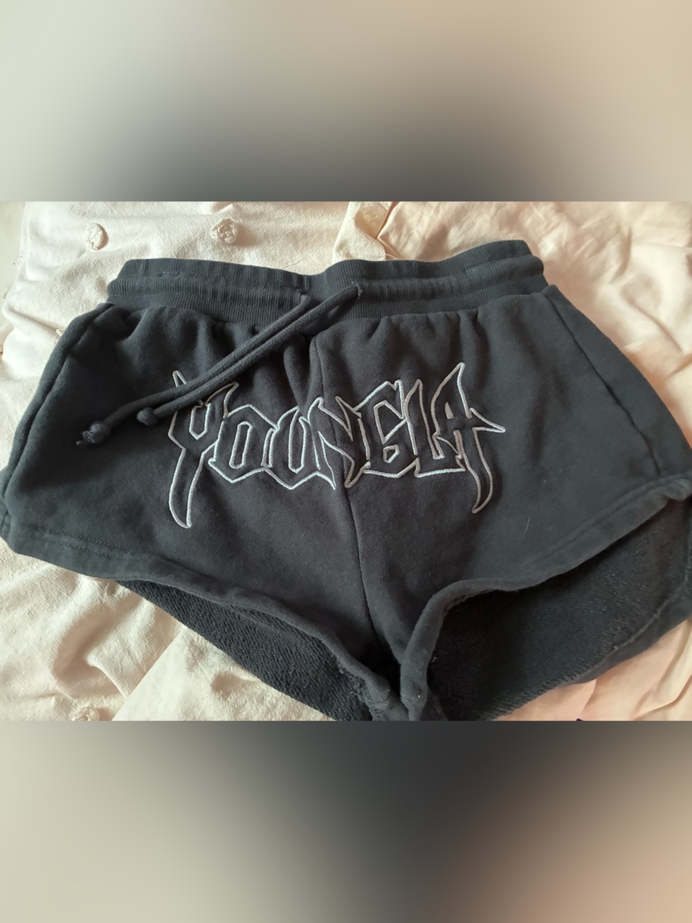 YoungLA Black Athletic Fleece Shorts with White Outline Logo